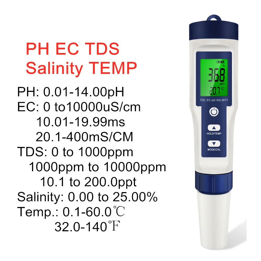 Ph Meter Digital Water Tester - 5-in-1 digitales PH TDS EC-Messgerät, Salzgehalt,